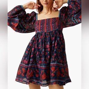 Free People Navy and Red Floral Square-Neck Mini Dress